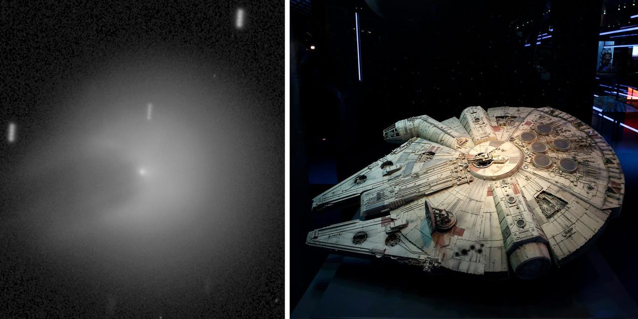 ポンス・ブルックス彗星（左）と『スター・ウォーズ』に登場する宇宙船｢ミレニアム・ファルコン｣（右）。