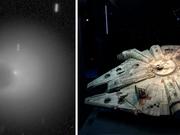 ポンス・ブルックス彗星（左）と『スター・ウォーズ』に登場する宇宙船｢ミレニアム・ファルコン｣（右）。