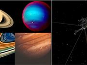 ボイジャー1号と2号が撮影した太陽系惑星の魅力的な画像（左）とボイジャー探査機のイラスト（右）。