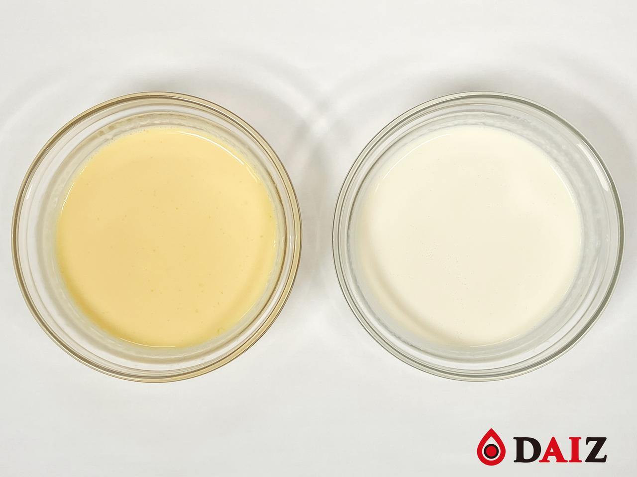 ダイズが開発したミラクルエッグ。左側が液卵と混ぜ合わせたもの。右側がミラクルエッグ原液。