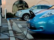 The electric car Nissan Leaf, at an electric vehicle charging station at Balboa Park.