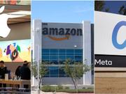 Workers at big tech companies like Apple (left), Amazon, and Meta may be leaving after two years because of workplace dissatisfaction. 