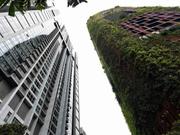 シンガポールの集合住宅ビル（左）と、壁面が植物で覆われたオアシア・ホテル。2018年6月19日撮影。