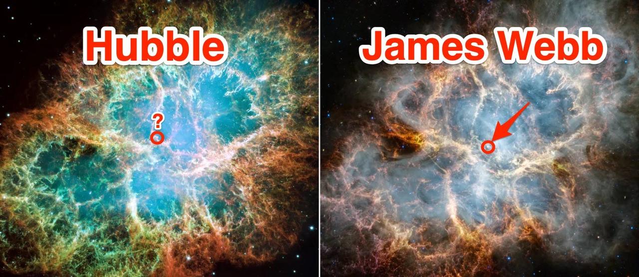 ジェームズ・ウェッブ望遠鏡が撮影したかに星雲の新たな画像（右）で特筆すべきなのは、星雲の中心にあるパルサーがはっきりと写っていることだ。これはハッブル望遠鏡の画像（左）ではほとんど目立たない。