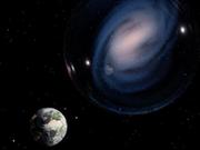 バブルの中に描かれた棒渦巻銀河｢ceers-2112｣のイメージ。地球はバブルの外側に描かれている。