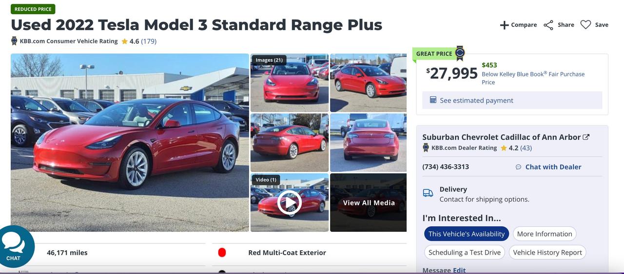 KBBに掲載されているテスラ・モデル3の中古車。