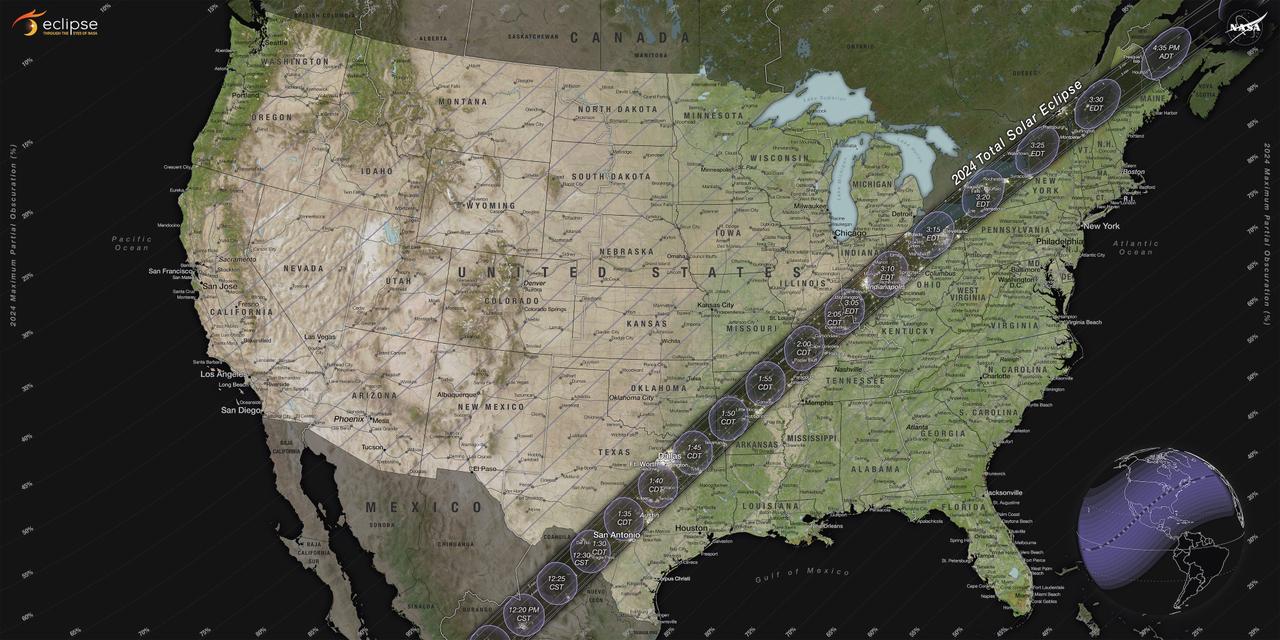 4月8日の皆既日食で、月の影がアメリカを横断する経路を示した地図。