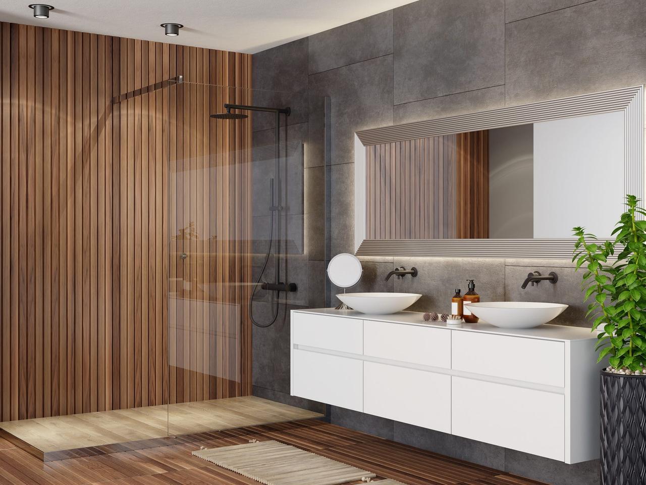 木製パネルがバスルームに質感と面白さを加える。