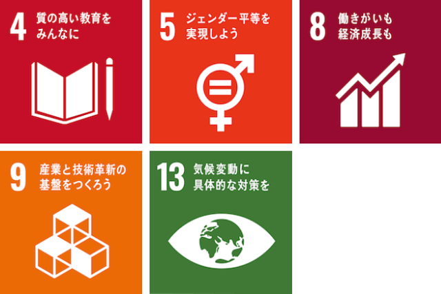 SDGs ゴール4、５、８、９、13