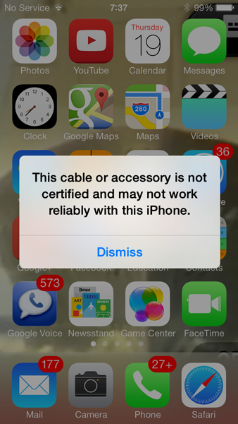 iOS 7では一部の非認証ケーブルが充電不能に