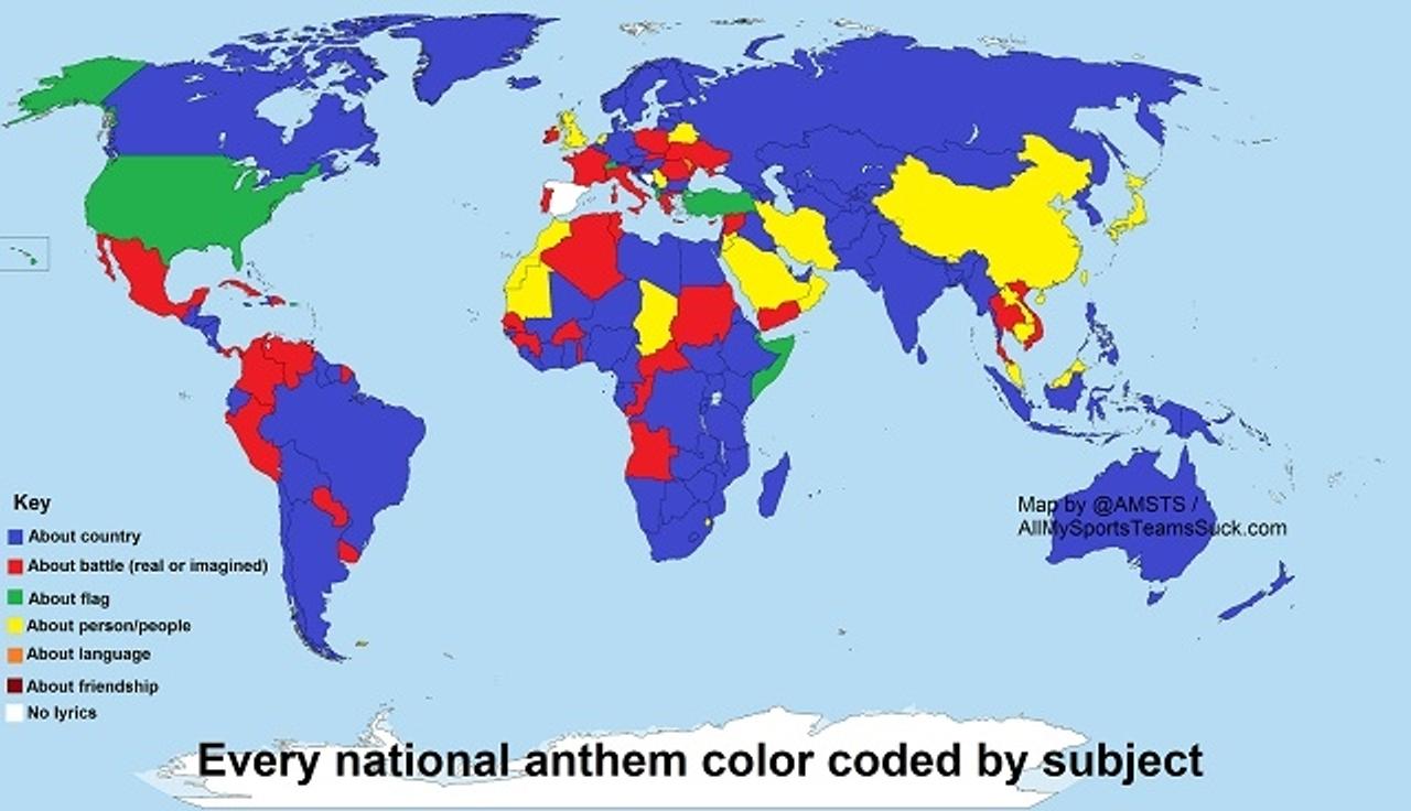 ｢国歌の歌詞｣をテーマ別に色分けした地図。｢君が代｣と同じテーマはあの国