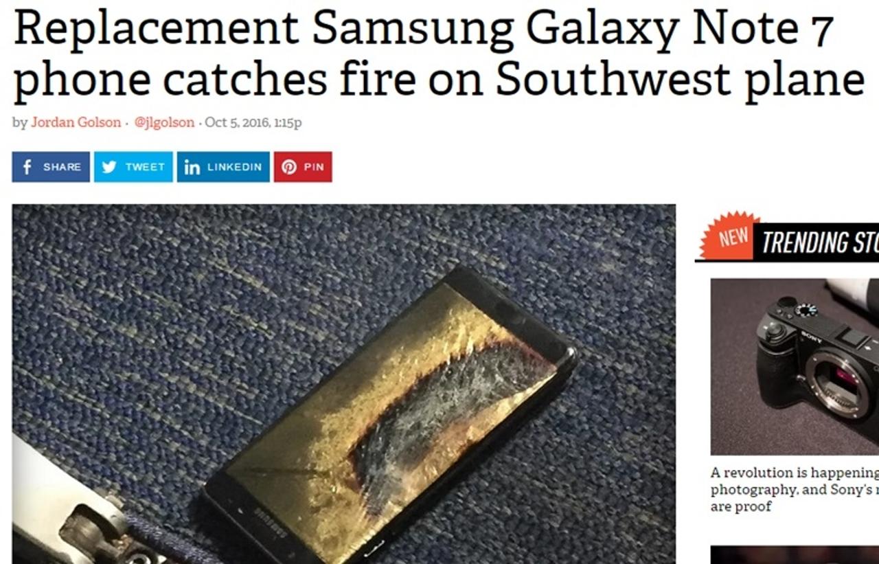 交換後のGalaxy Note 7が機内で燃え緊急避難。2度目のリコールか…