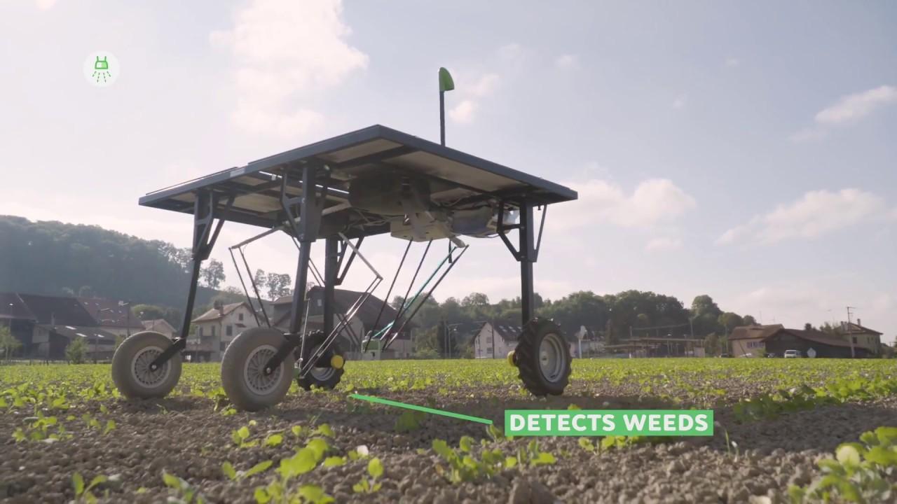 畑に惑星探査機？ いえ、太陽電池で12時間働く除草剤散布マシーンなんです