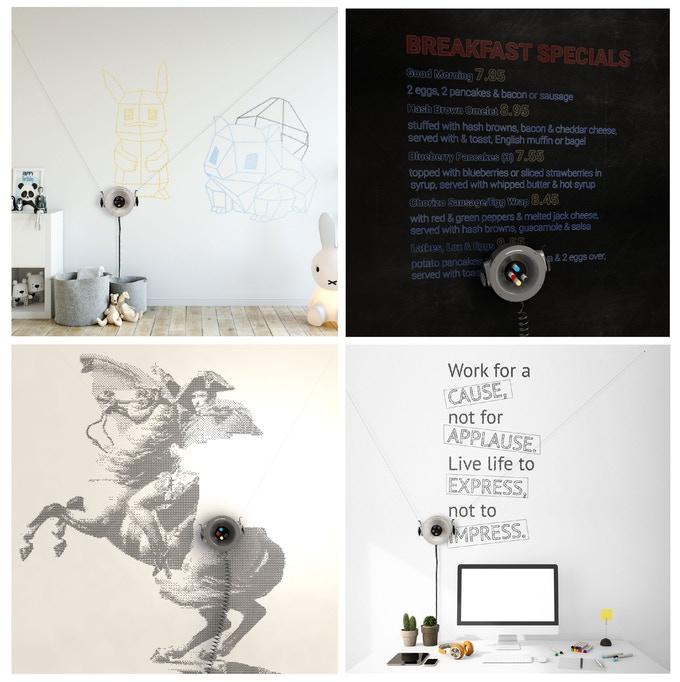 4色ペンをセットして壁面にお絵描きしてくれるロボット｢Scribit 