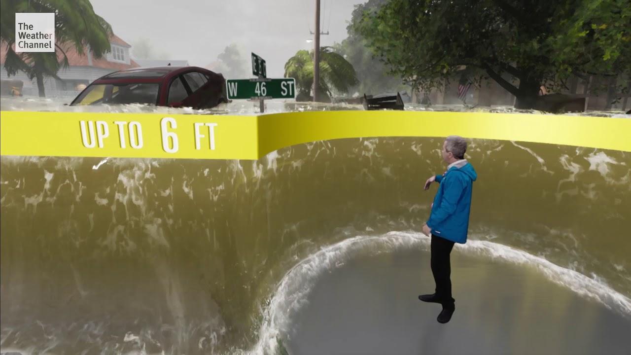 アメリカに上陸中の大型ハリケーンがもたらす大洪水。ARで見せる気象予報