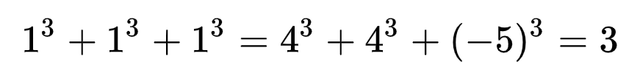 1^3+1^3+1^3=4^3+4^3+(-5)^3=3