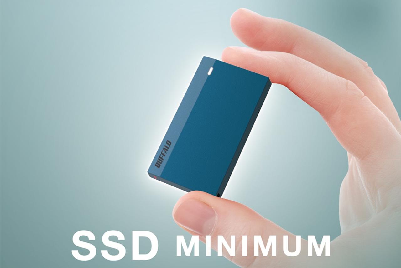 バッファローからフリスク大のSSD。容量は960GBまでで少なめだけど、小回り効いてよさげ！
