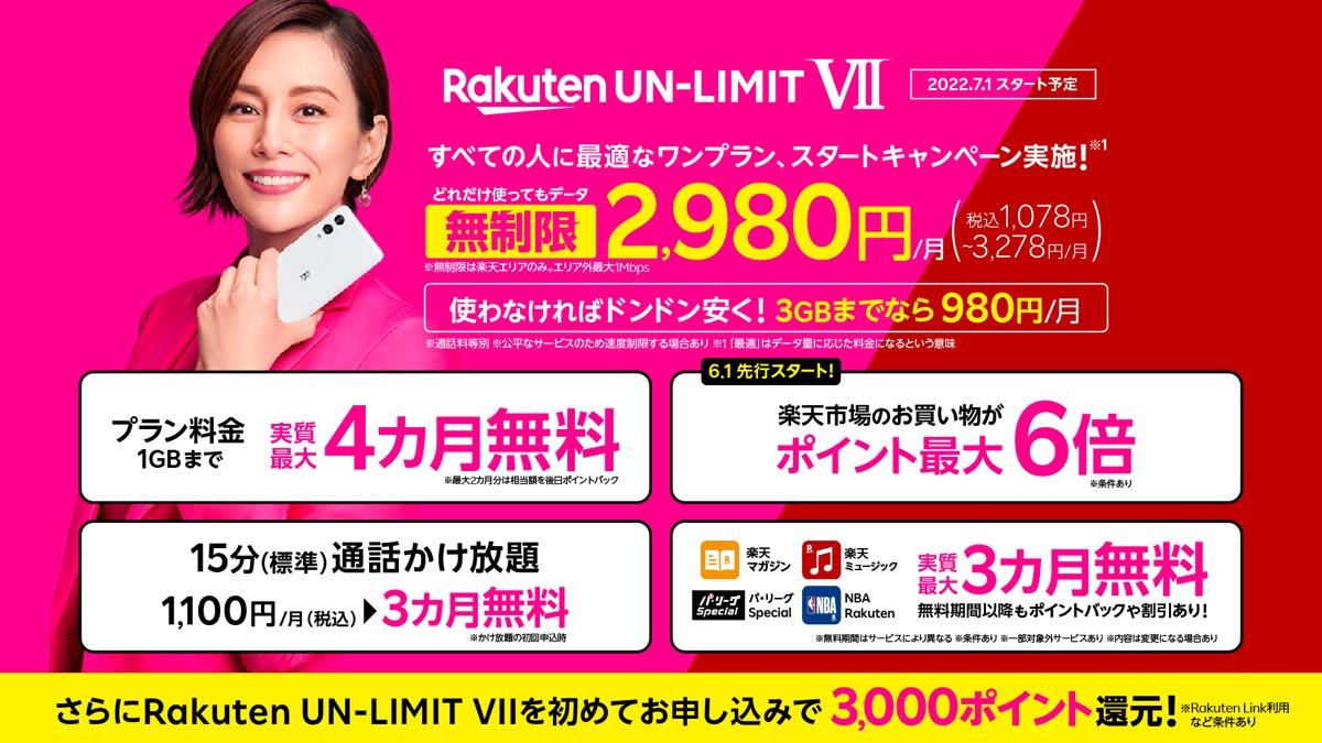 楽天モバイルから新プラン｢Rakuten UN-LIMIT VII｣発表。ついに0円維持