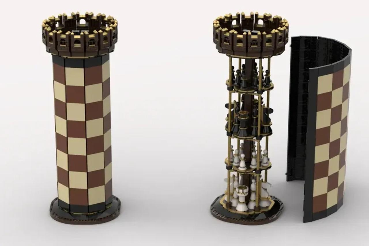 ナイスアイデア。収納時に中世の塔になるレゴ製のチェス