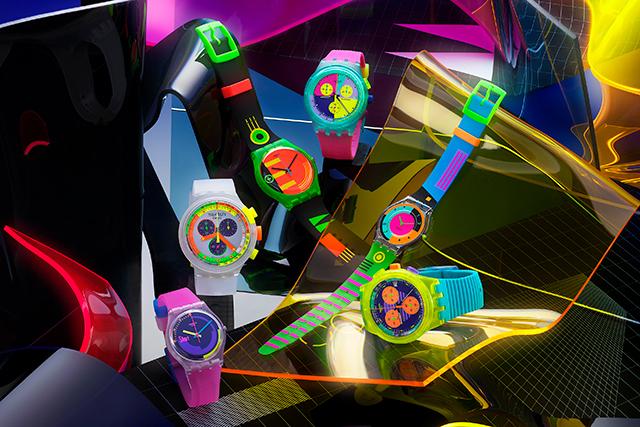 no.0076 ネオンカラーと型押しウッド 暗闇でも際立つ存在感。スウォッチのネオンカラーで腕元を涼しげに演出