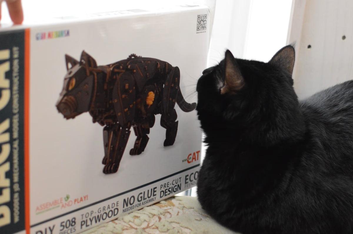プレゼントにもピッタリ！ ぜんまいで動く｢木製黒ねこ｣の組み立てに