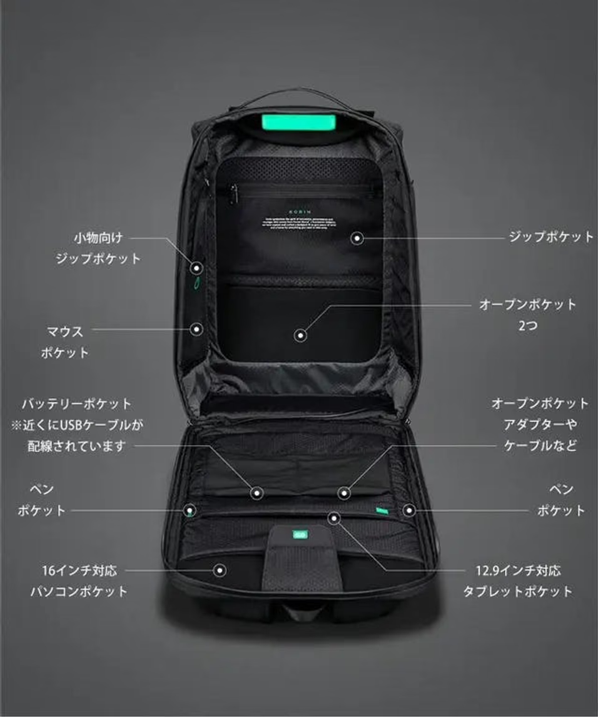 大容量でも整理整頓しやすい。33ものポケットを備えた防犯バックパック 