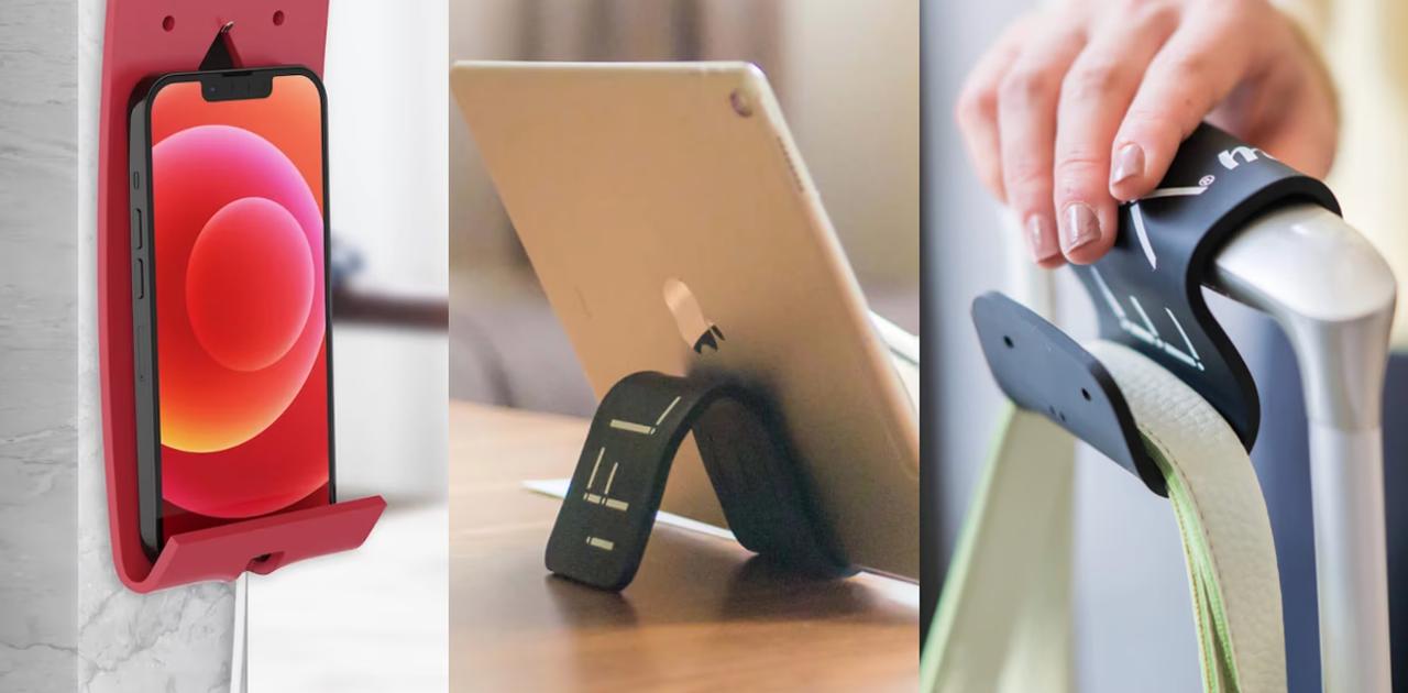 グニャっと折り曲げられるスマホスタンド。自由自在に形を変えられるっ