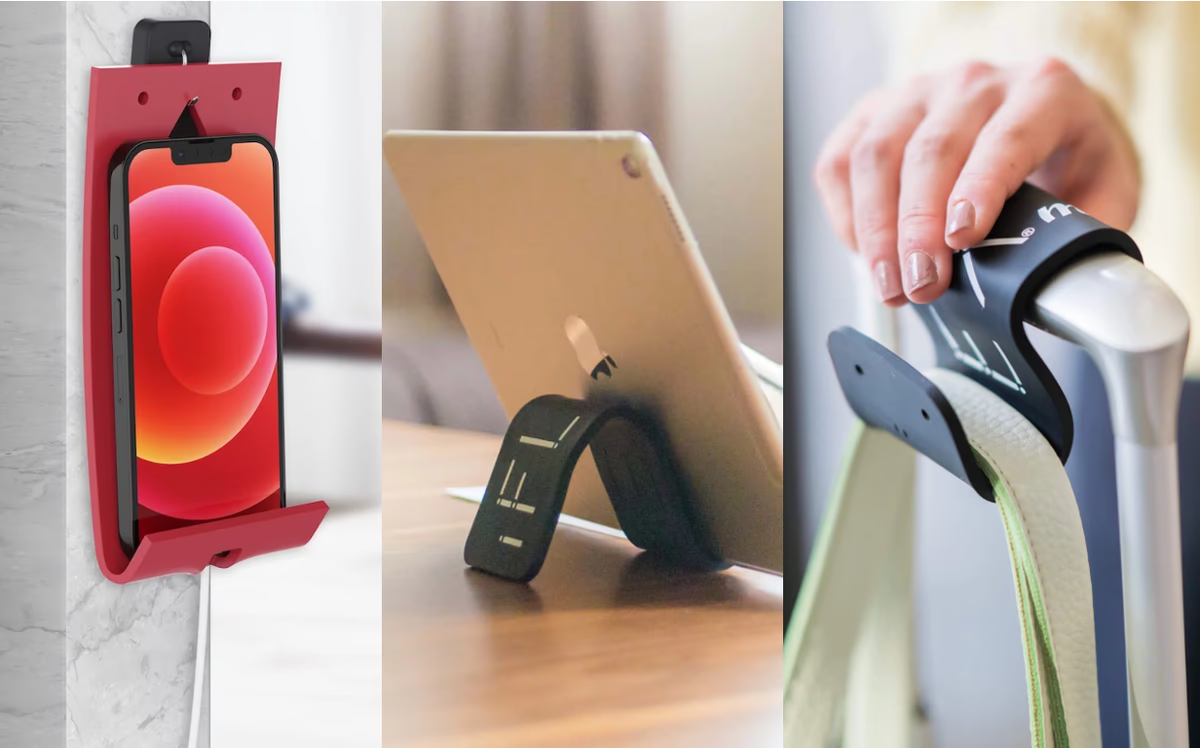 グニャっと折り曲げられるスマホスタンド。自由自在に形を変えられるっ