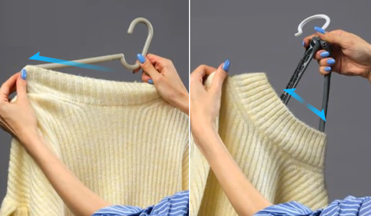 襟ぐりにスッと通る画期的ハンガー。タートルネックを干すのも楽勝に