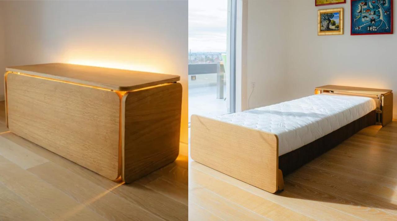 ありえない省スペースっぷり。自動で巻き取るベッド