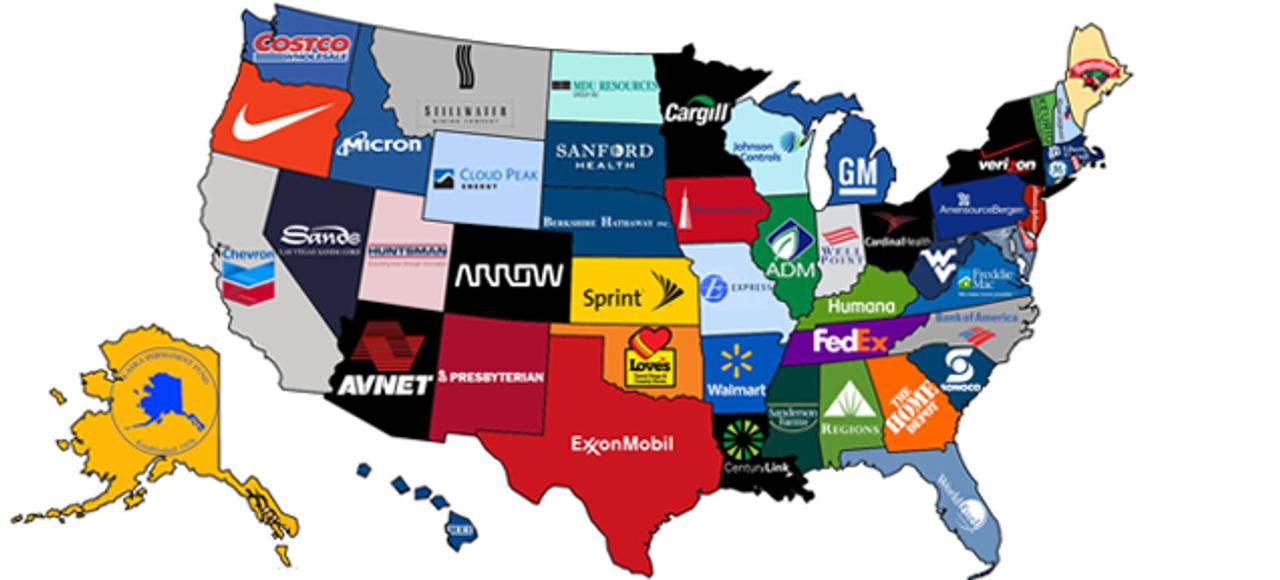 アメリカ各州で最も稼いでいる企業一覧地図