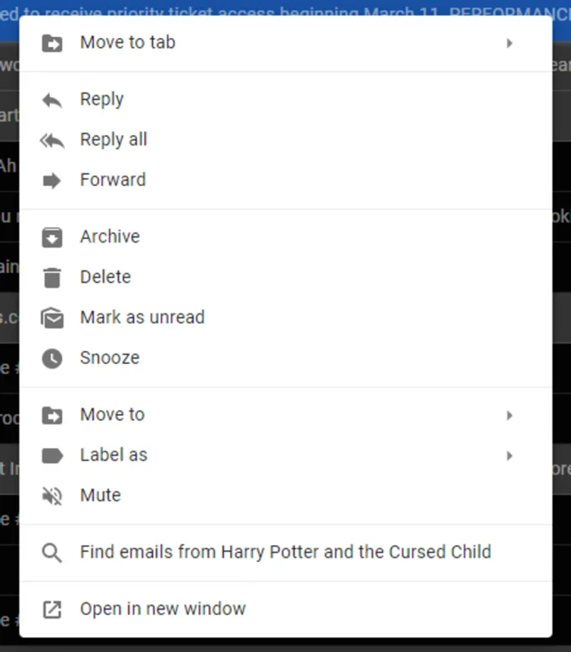 Gmailのコンテキストメニュー