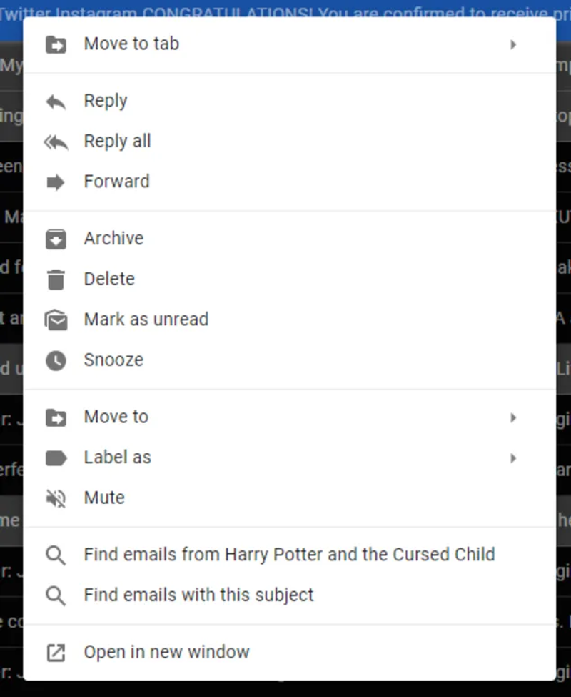 Gmailのコンテキストメニュー