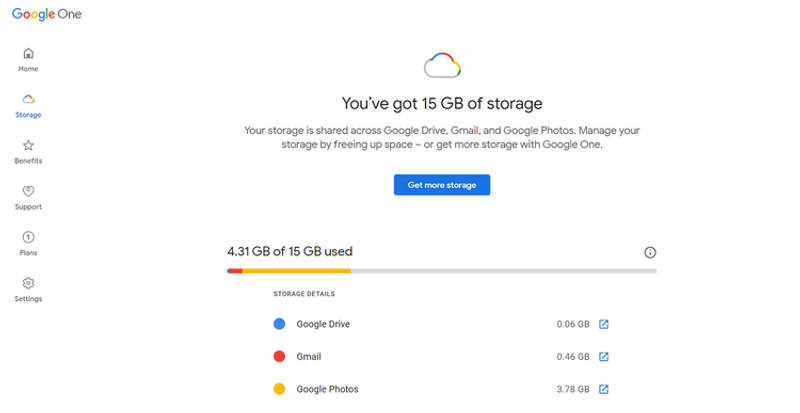 Google ドライブの空き容量確認画面