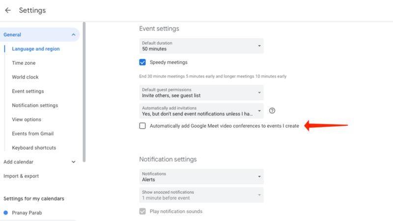 Google Meetの招待を自動的に追加(もしくは追加しない)