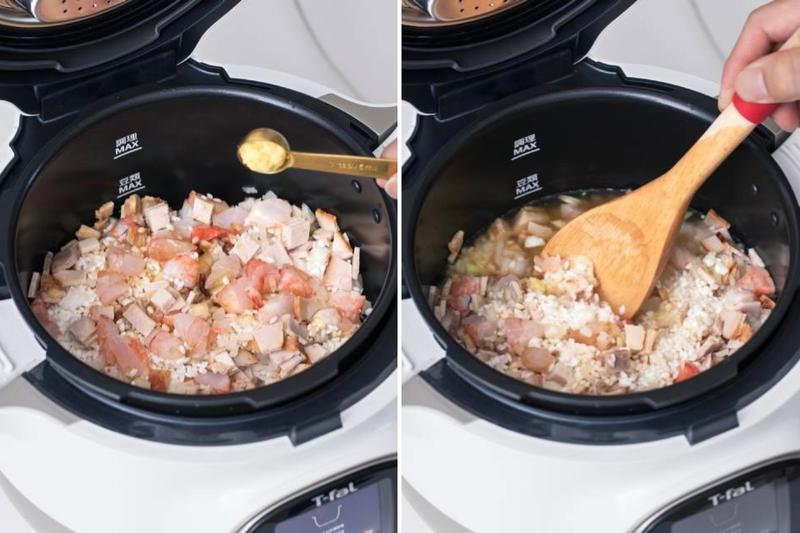 適当なサイズに切り揃えた材料を、水や調味料とよく混ぜたら、「開始」するだけ。炊飯はたったの3分