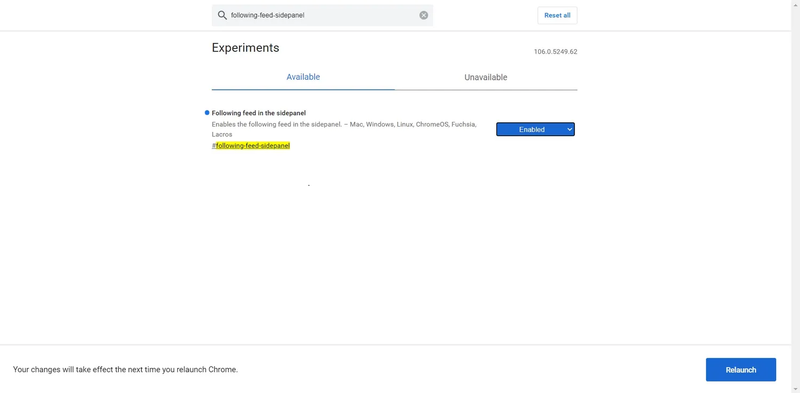 検索バーに「following-feed-sidepanel」と入力して検索