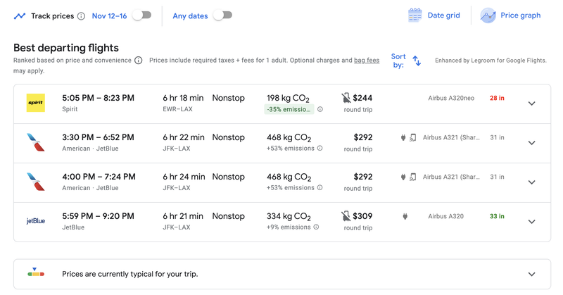 Google Flightsの検索結果