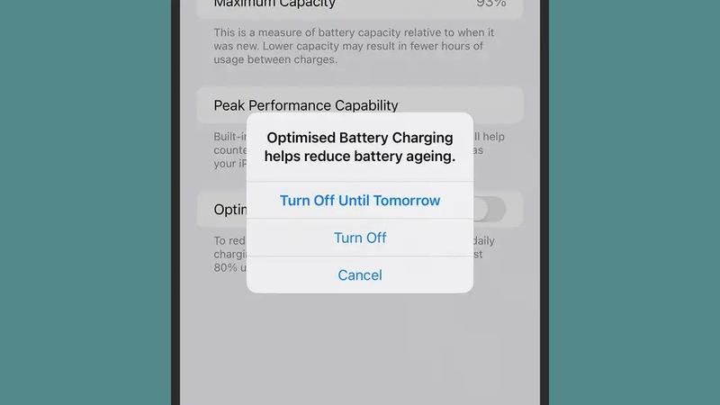 バッテリー充電の最適化は明日まで、または無期限に停止できる。