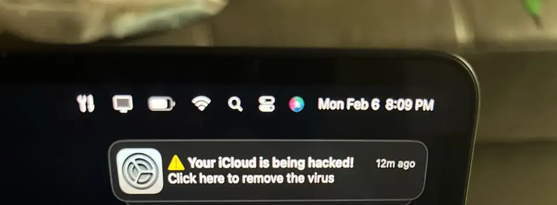 「あなたのiCloudアカウントがハッキングされました! ここをクリックしてウイルスを削除してください」の通知