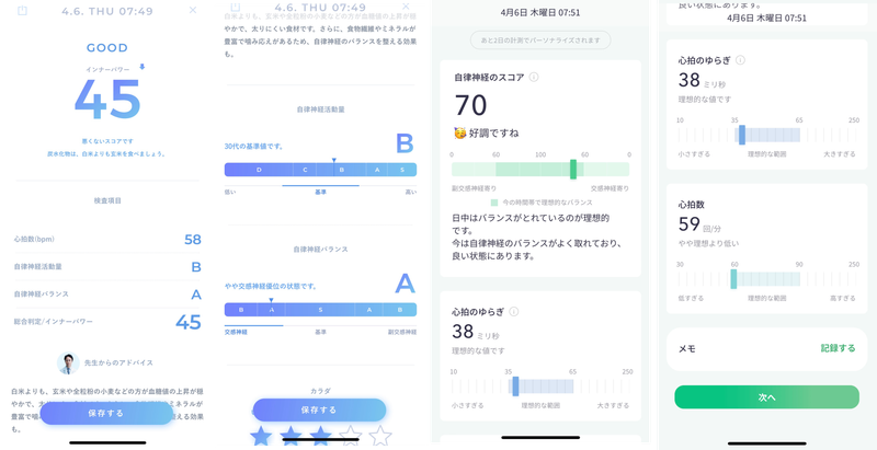 (左)CARTE(右)Upmind:いずれもカメラで計測した心拍の状況がベースとなっている様子。結果は両アプリとも毎回ほぼ差異はありませんでした。