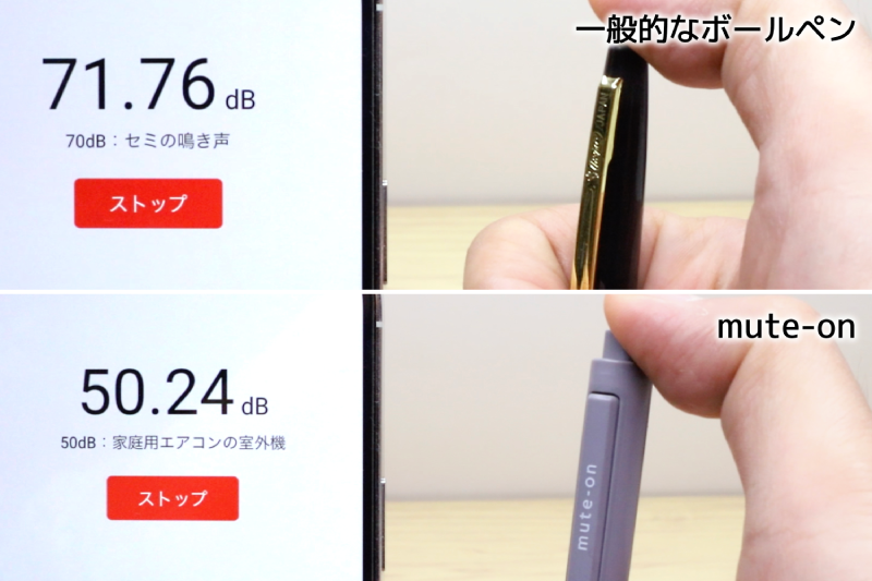 一般的なボールペンのノック音と比較。「mute-on」は家庭用エアコンと同じくらい静音。