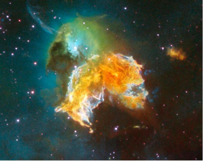 ハッブル宇宙望遠鏡がとらえた超新星残骸。巨大な星はその最後に爆発（超新星爆発）をおこして、周囲の宇宙空間に様々な元素をばらまく。その爆発後に残った構造が超新星残骸だ。