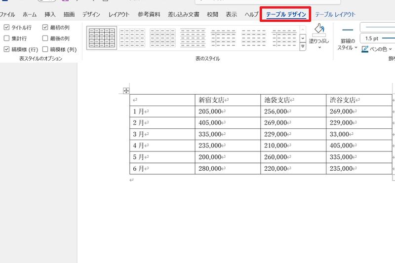 Microsoft Office365のアプリケーション「Word」にて、作成した表のレイアウトを調整する手順1