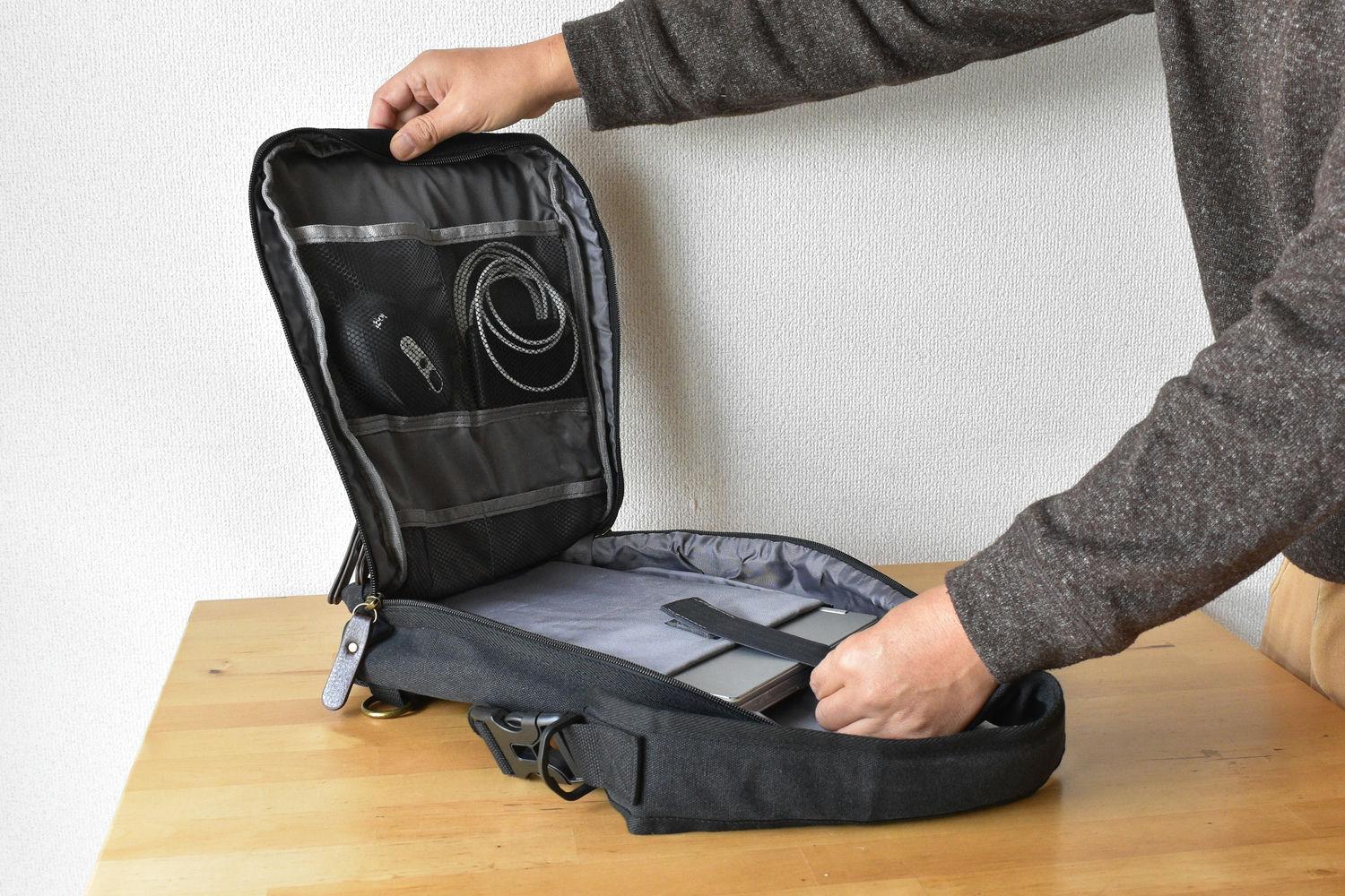 帰省ラッシュも身軽に。13ポケット搭載の「帆布スリングバッグ」は大