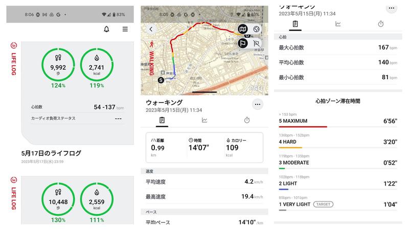 スマホアプリから記録されたアクティビティログを確認できる。スマホのGPSと連動して正確な位置情報も取得も可能。
