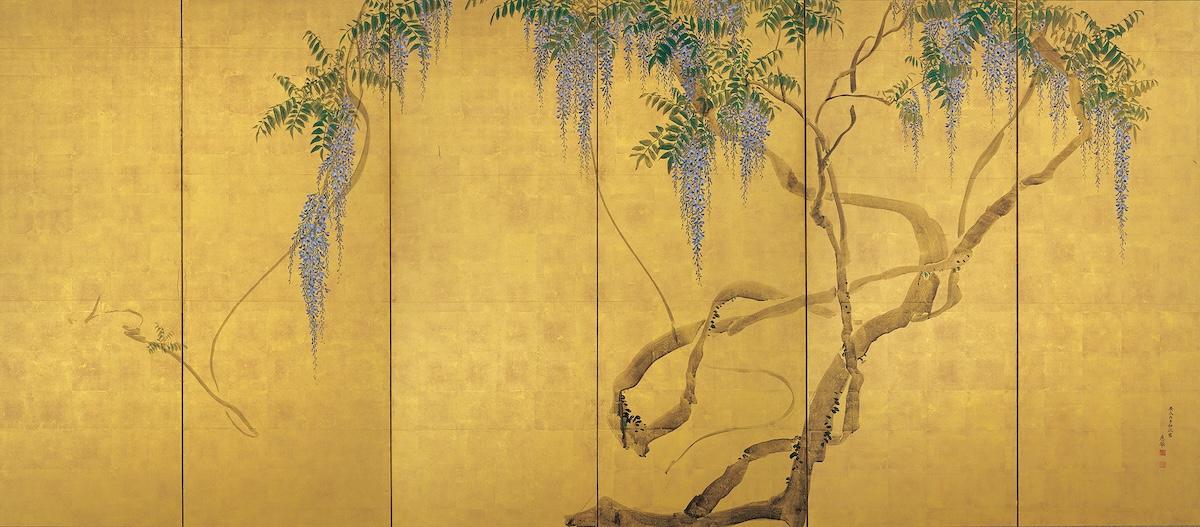 円山応挙、藤花図屏風、超希少・大判画集画、新品高級額装付 一生に一度は見たい「儚い金屏風」（根津美術館） | Business