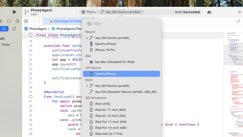 PhoneAgentの実行先としてiPhoneを選択