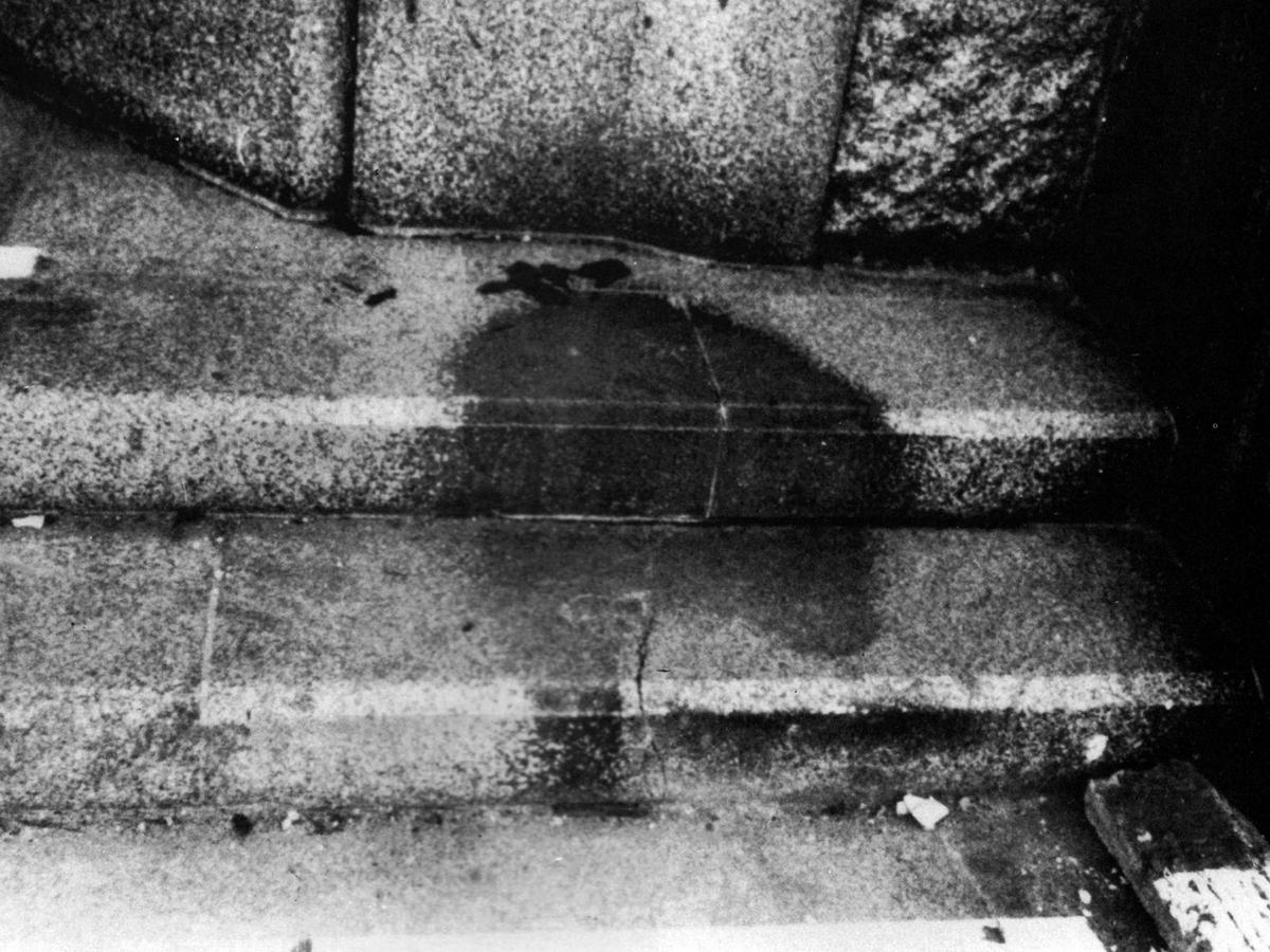 Human shadow on bank steps, in Hiroshima after the explosion of the atom bomb in August 1945, Japan.