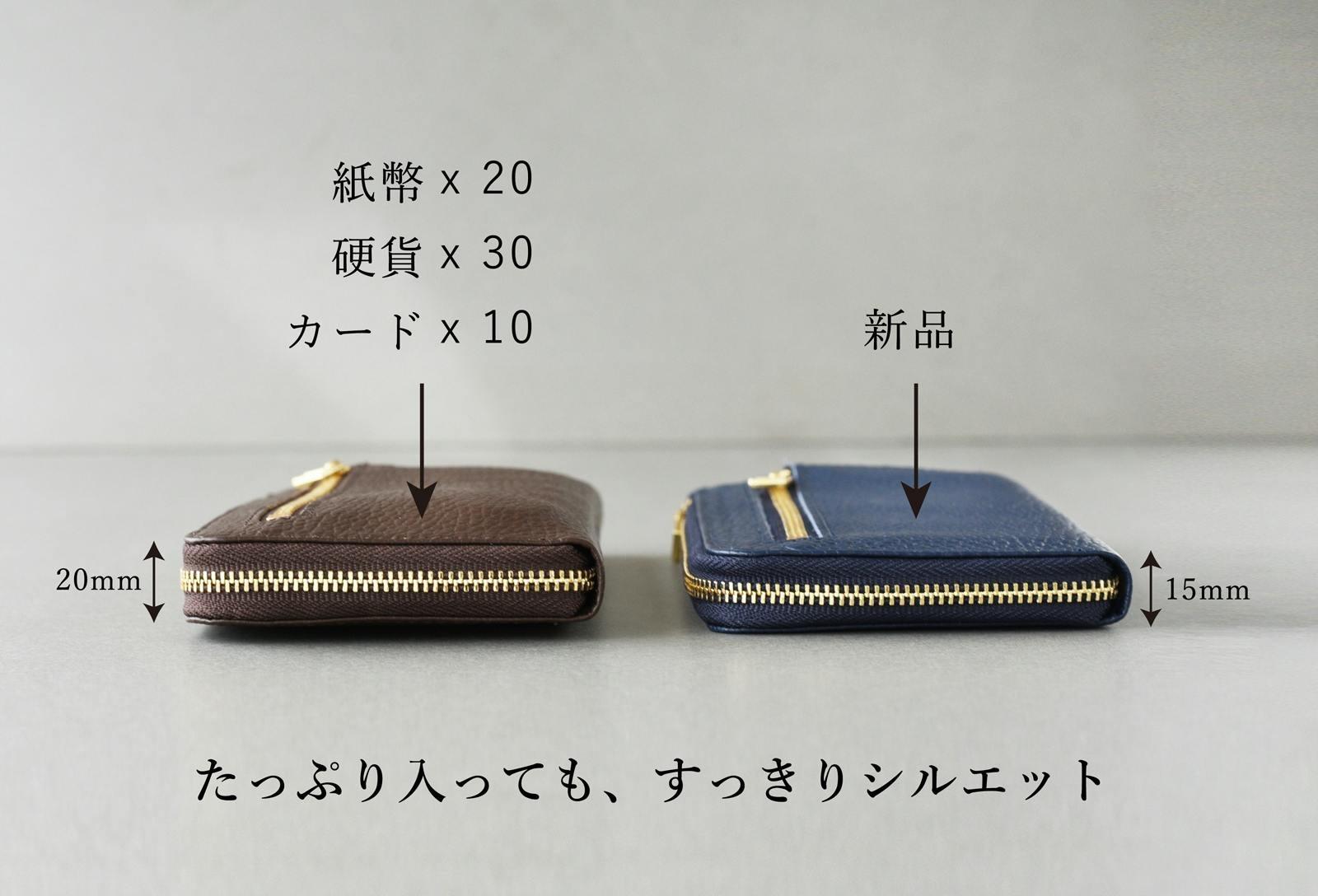技アリ縦型収納でカード20枚でも膨らまない。一回り小さい長財布で